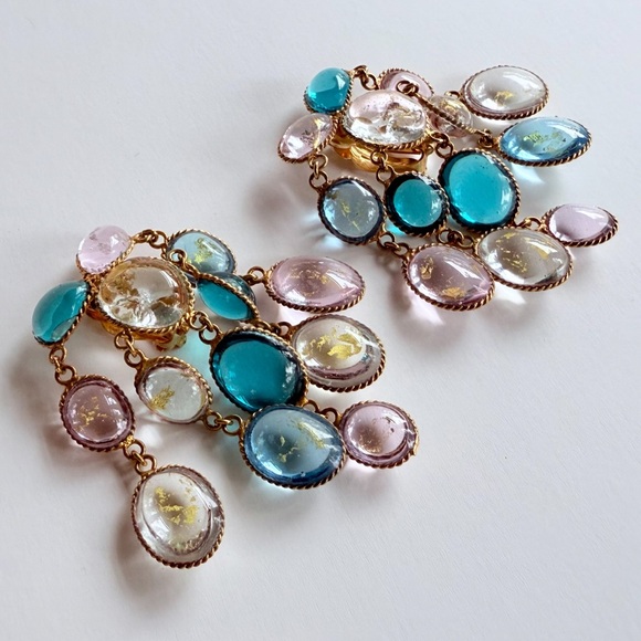 Vintage French Gripoix Poured Glass Chandelier Earrings Pink Blue Gold Leaf Foil - Picture 5 of 16